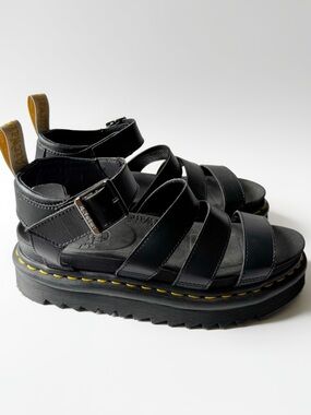 Dr. Martens Black Vegan Leather Platform Strappy Sandals with Yellow Stitching